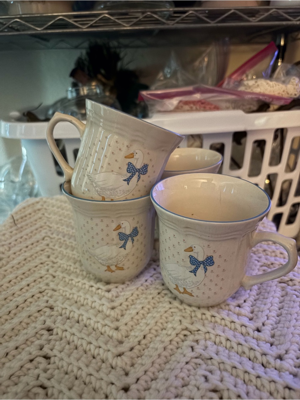 Vintage Brick Oven Stoneware
"Aunt Rhody" Goose with Blue
Bow Mugs